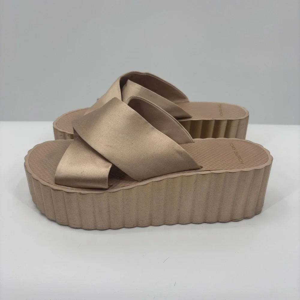 Tory Burch Bellini Blush Scallop Wedge Platform Criss Cross Sandals Womens 9M